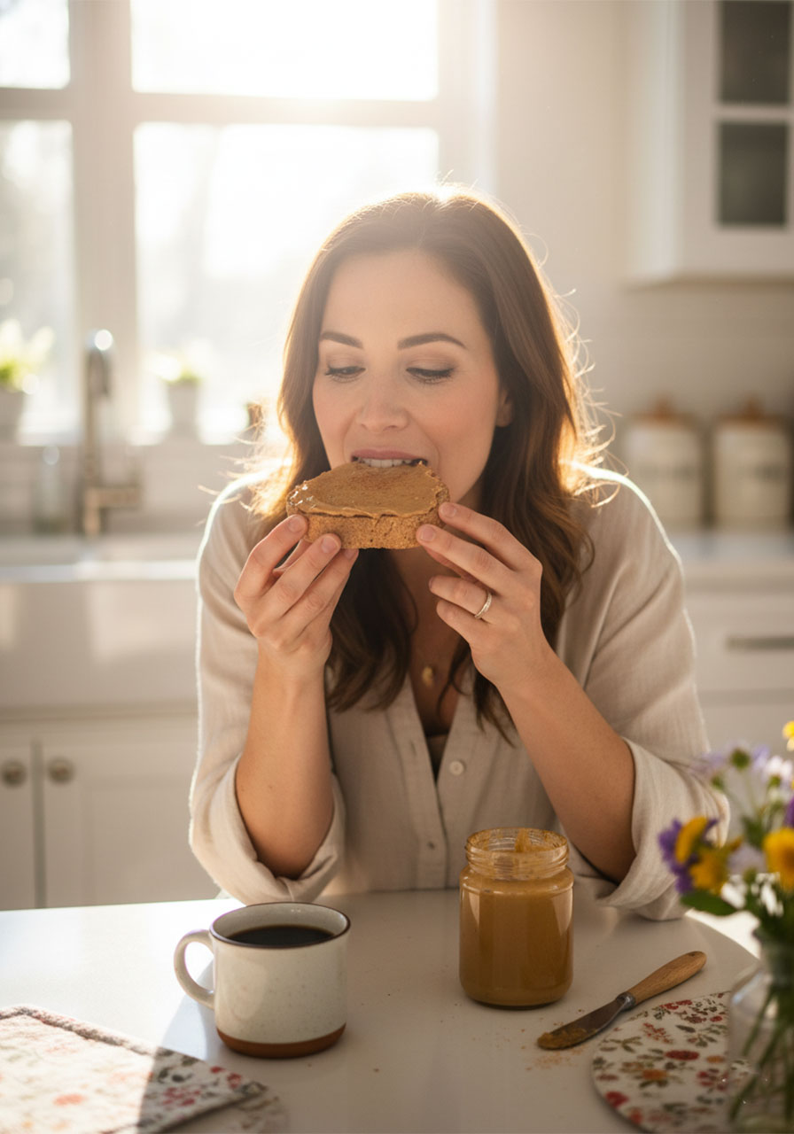 Woman enjoying a slice of zero carb yogurt bread with almond butter for a healthy keto low-carb breakfast