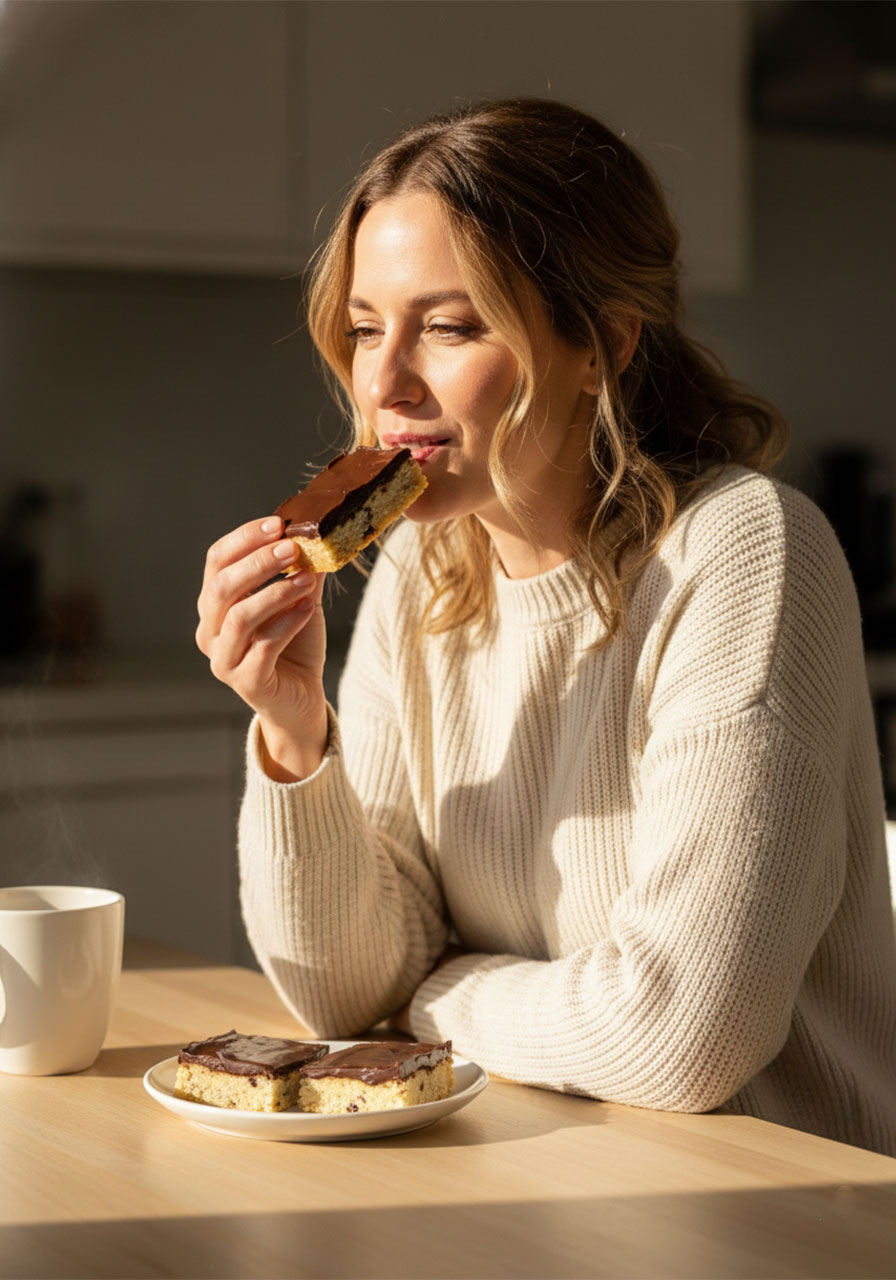 Woman enjoying a sugar free low carb cookie bar as a healthy keto-friendly dessert treat at home