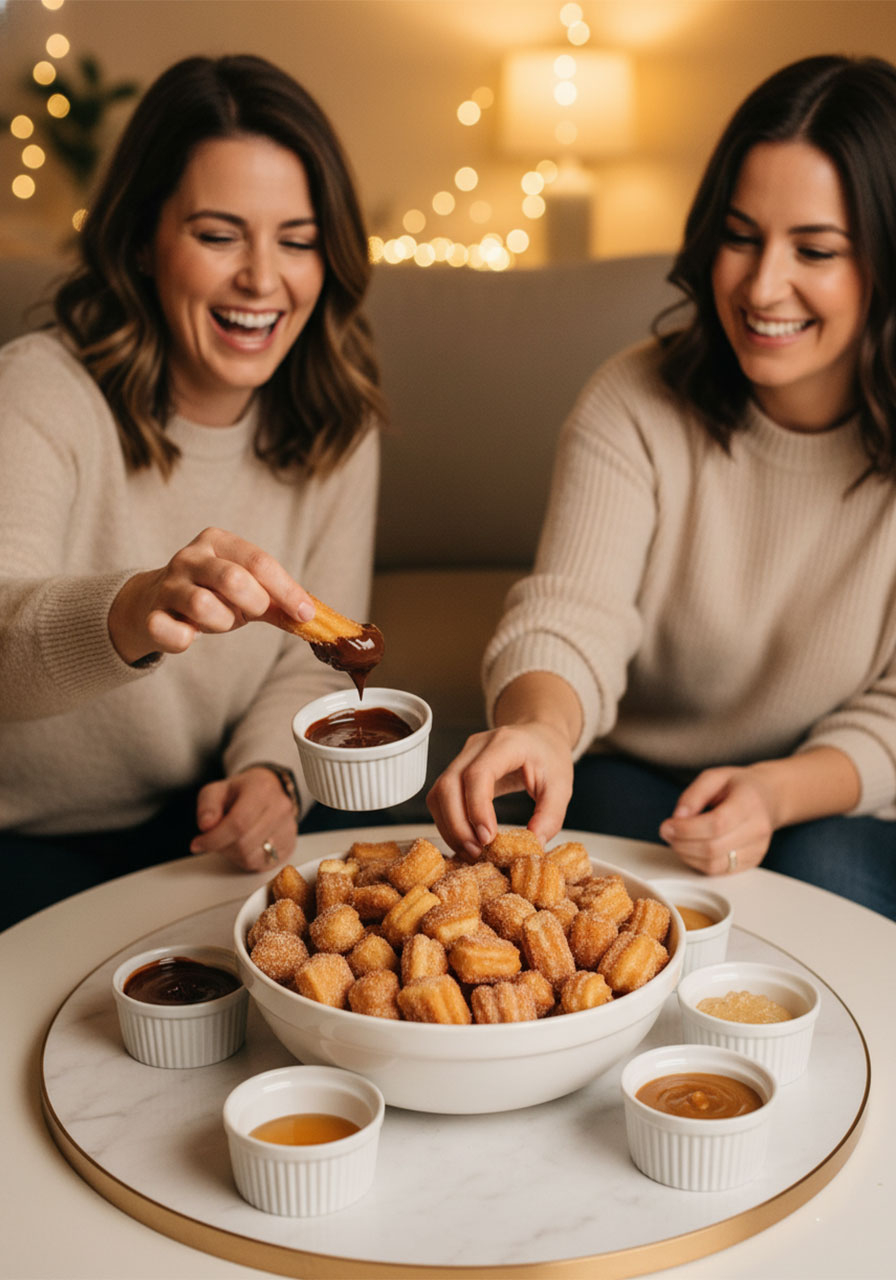 Two women enjoying crispy air fryer churro bites with chocolate dipping sauce at a casual indoor party
