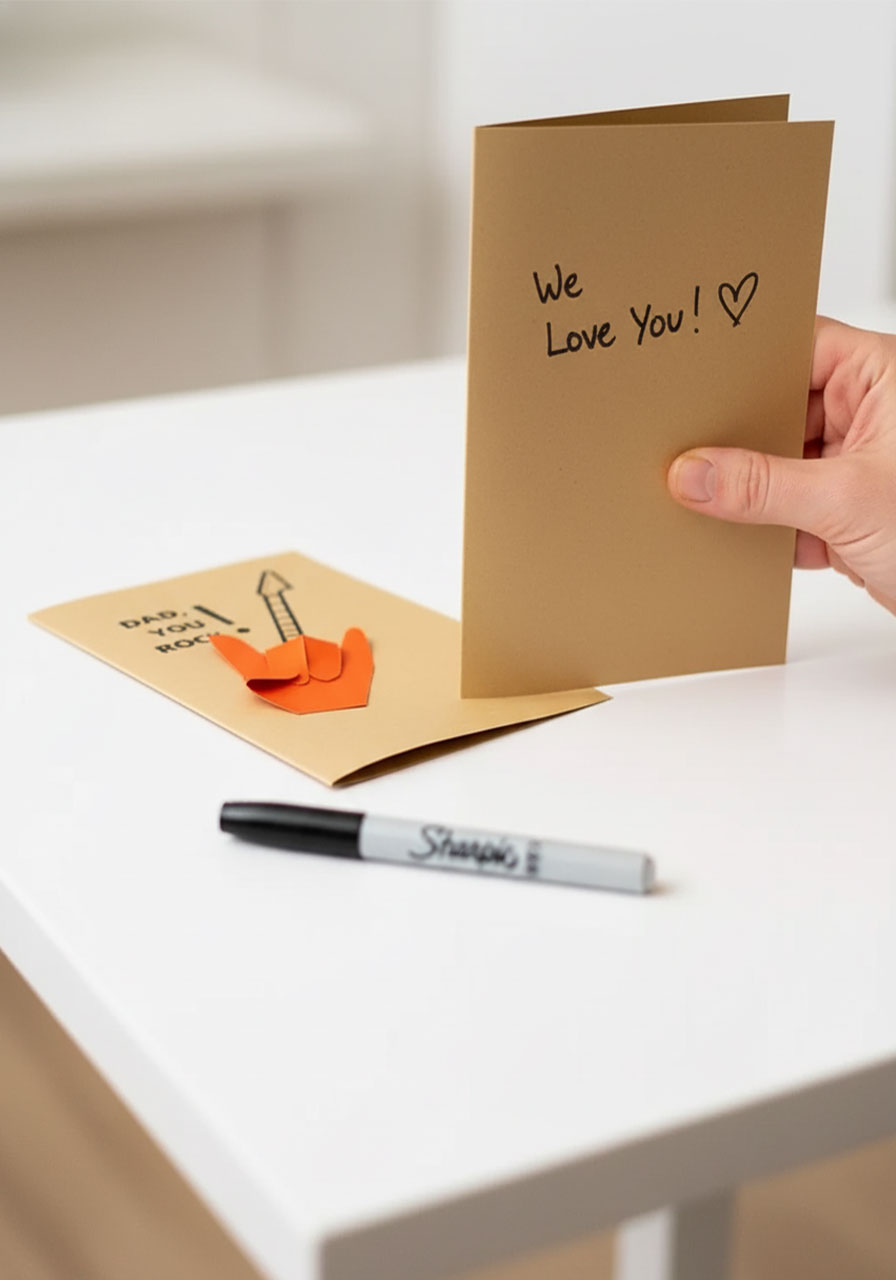 Mom writing We Love You message inside completed Dad Rocks handprint guitar Father's Day card