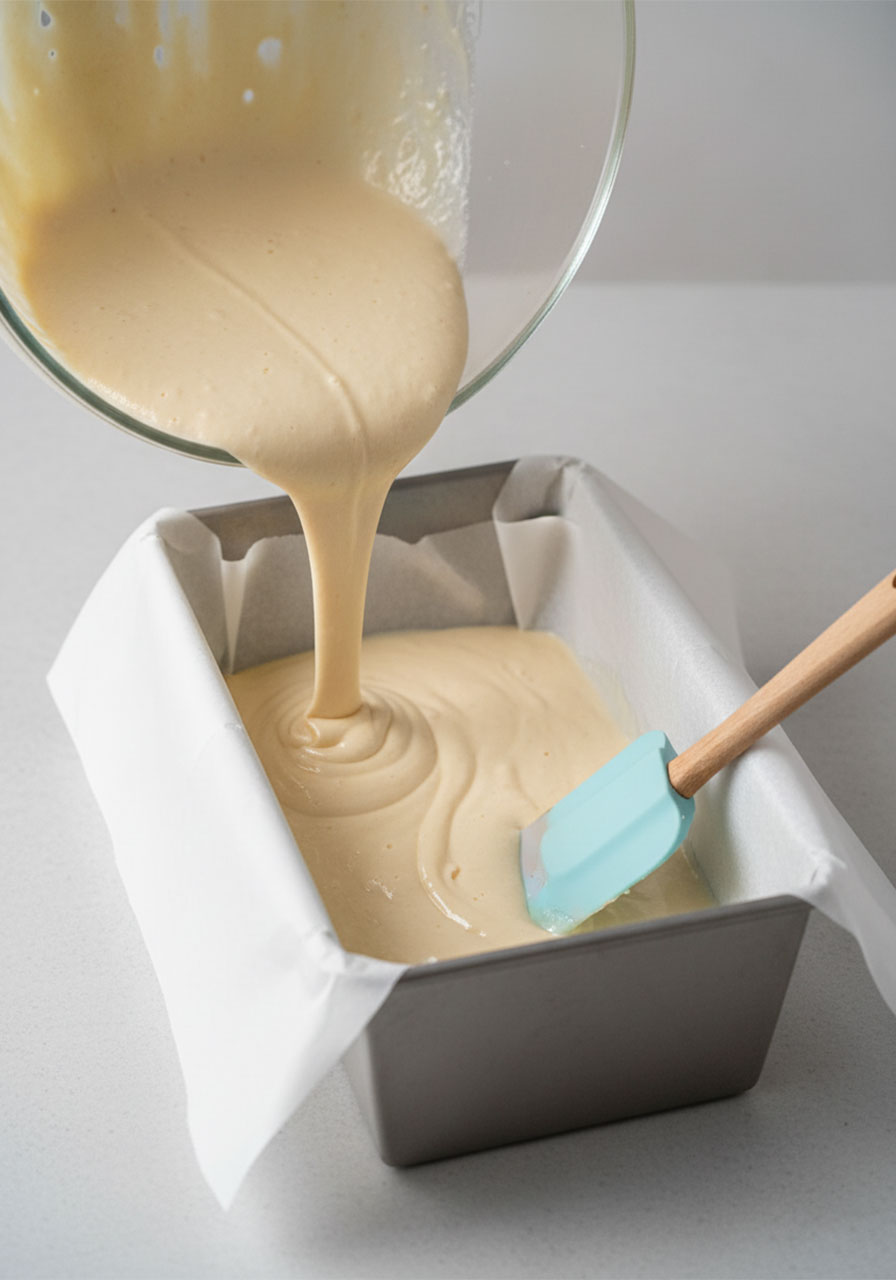 Thick zero carb yogurt bread batter being poured into a parchment-lined loaf pan before baking