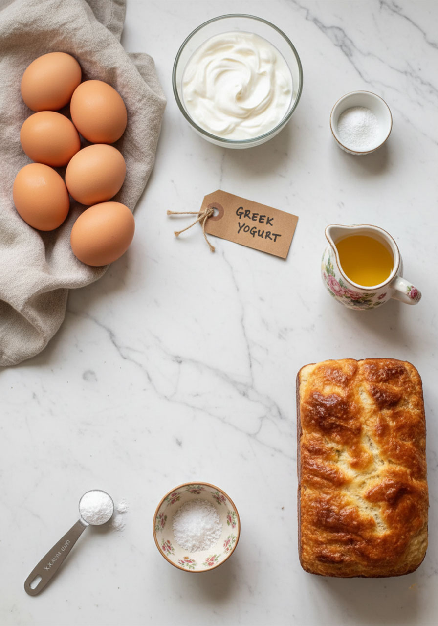 All ingredients for zero carb yogurt bread recipe including eggs, Greek yogurt, butter, baking powder, and xanthan gum laid out on marble