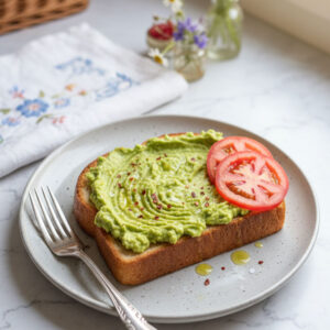 Keto avocado toast made with zero carb yogurt bread topped with mashed avocado, red pepper flakes, and sea salt