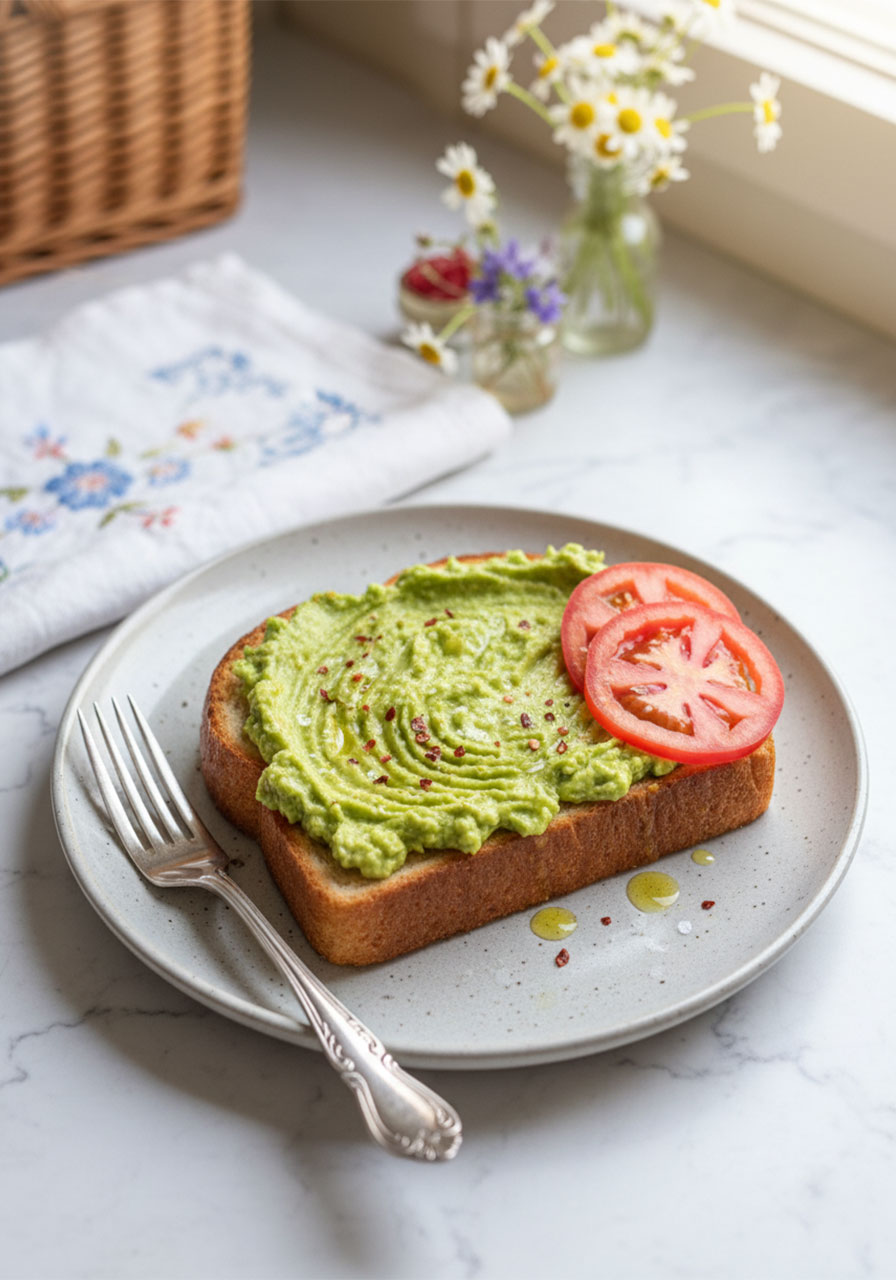 Keto avocado toast made with zero carb yogurt bread topped with mashed avocado, red pepper flakes, and sea salt