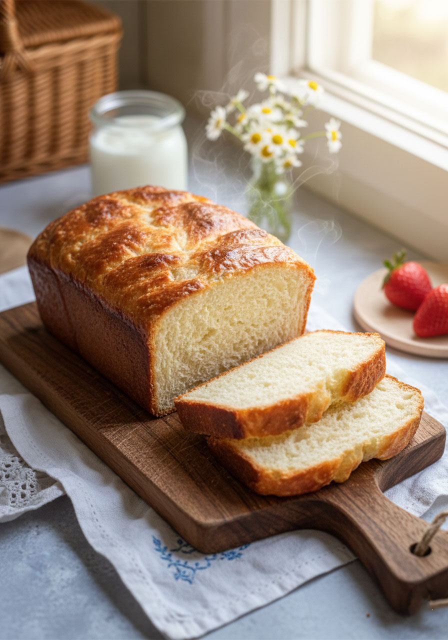 Zero carb yogurt bread recipe sliced to show soft fluffy keto-friendly interior on a rustic wooden cutting board