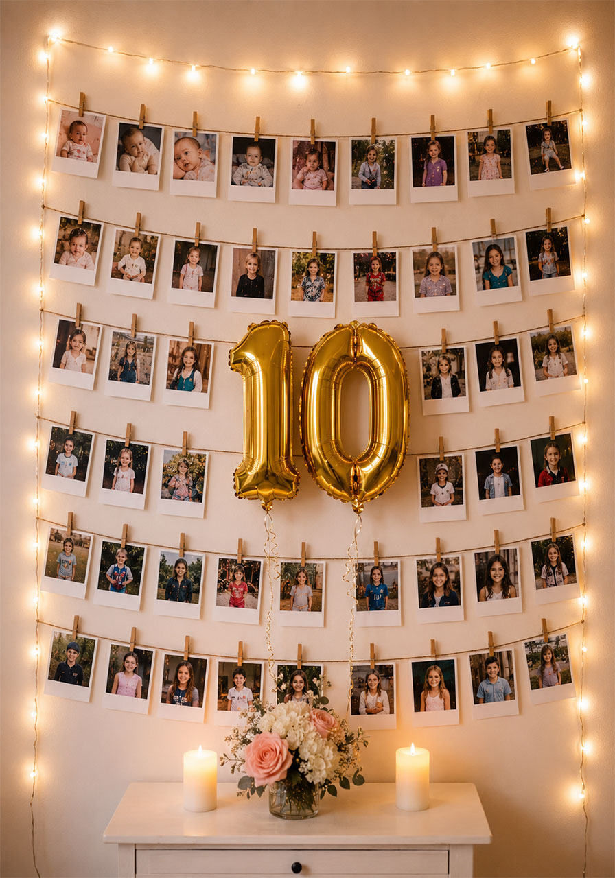10 year photo memory wall with twine-clipped childhood photos fairy light border and gold number 10 balloons for an emotional and beautiful 10th birthday display