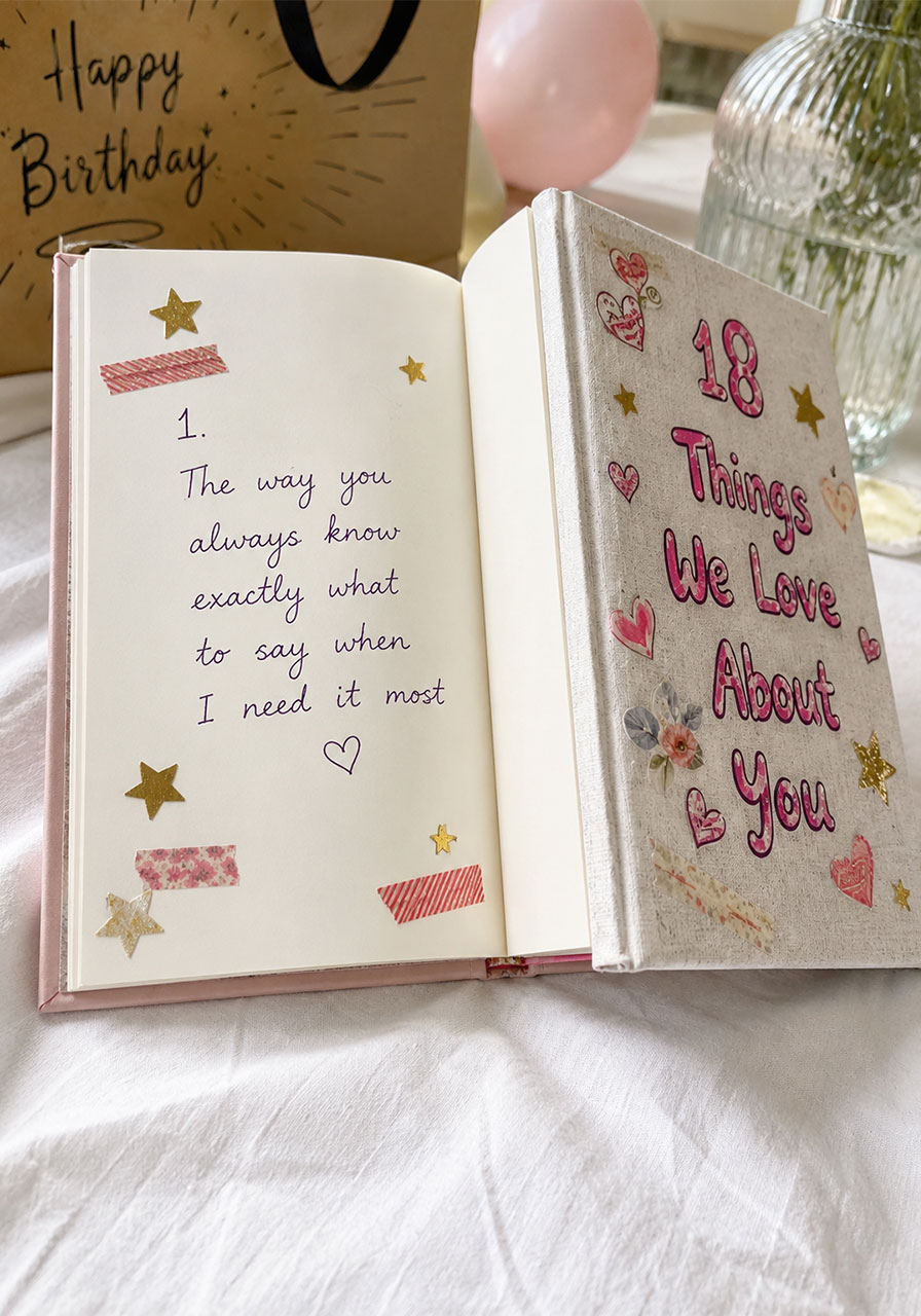 Handmade "18 Things We Love About You" journal birthday gift with handwritten entries