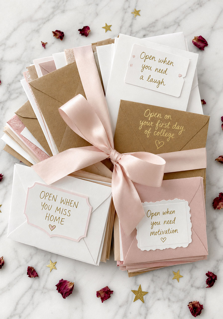 Bundle of 18 labeled "open when" envelopes tied with pink ribbon as 18th birthday gift