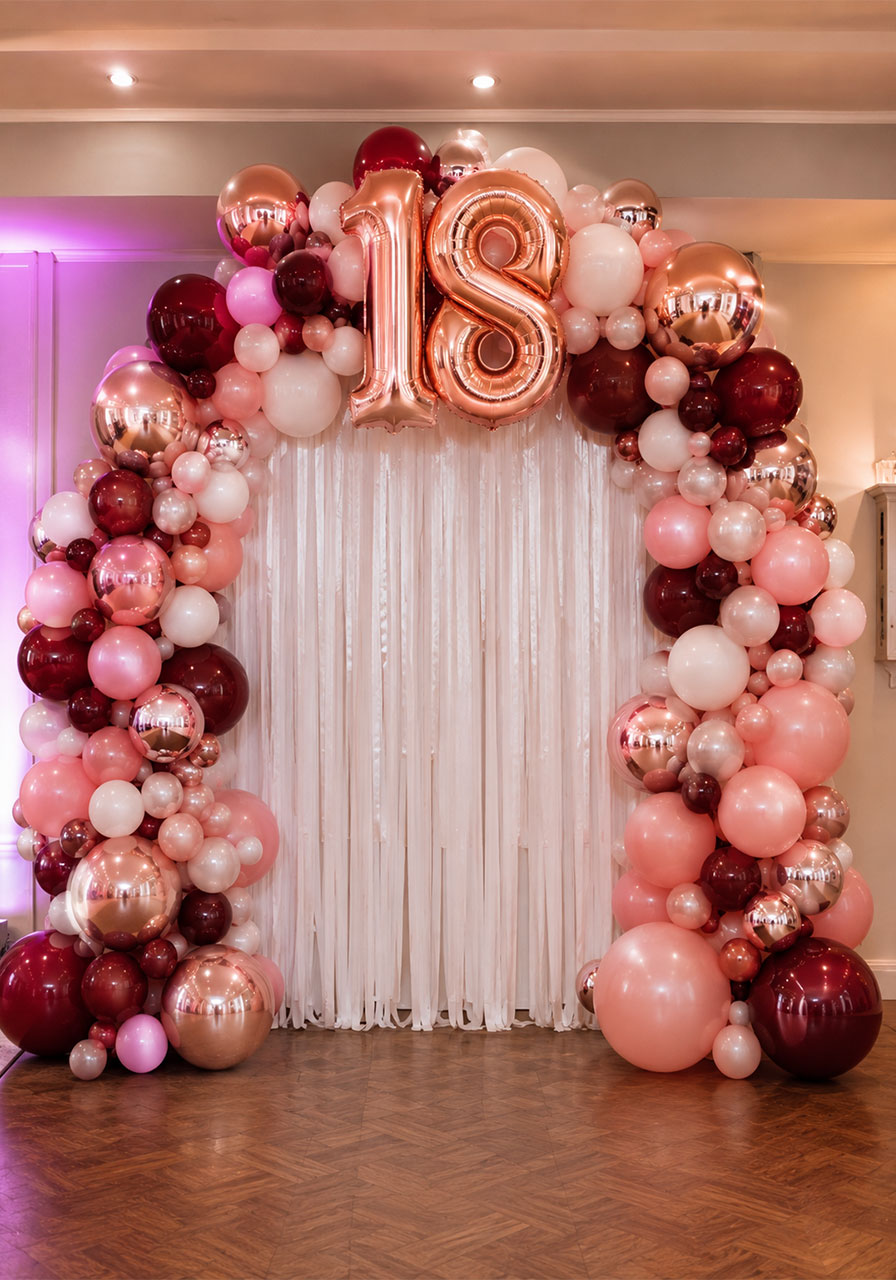 Pink rose gold balloon arch with fringe backdrop and "18" foil balloons for 18th birthday