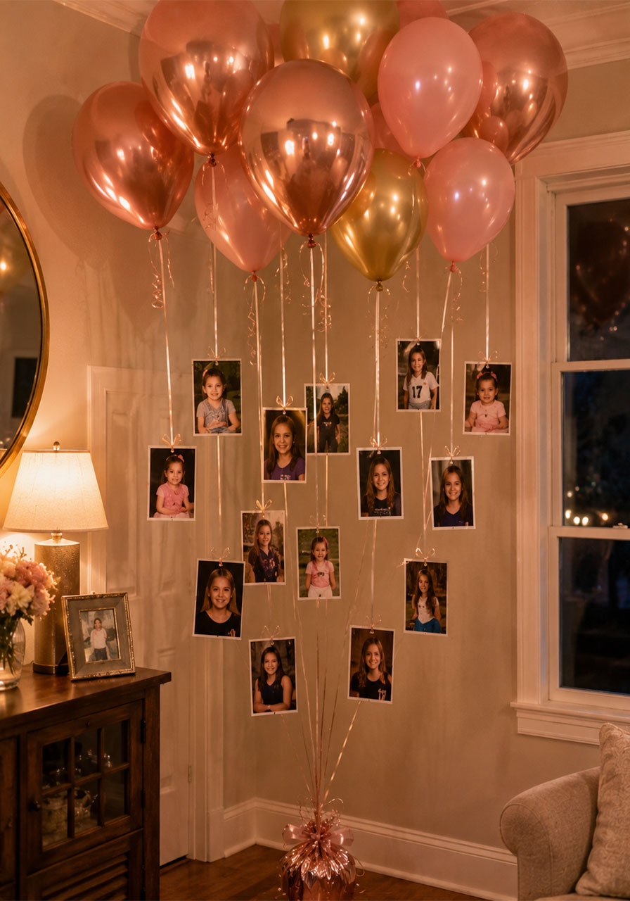 18th birthday balloon memory display with photos hanging from helium balloons