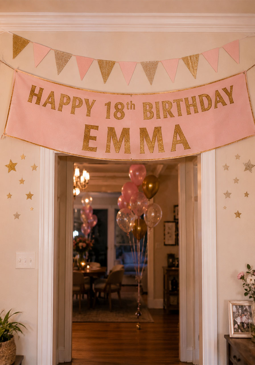 Personalized "Happy 18th Birthday" banner hung over doorway with pink and gold party decor