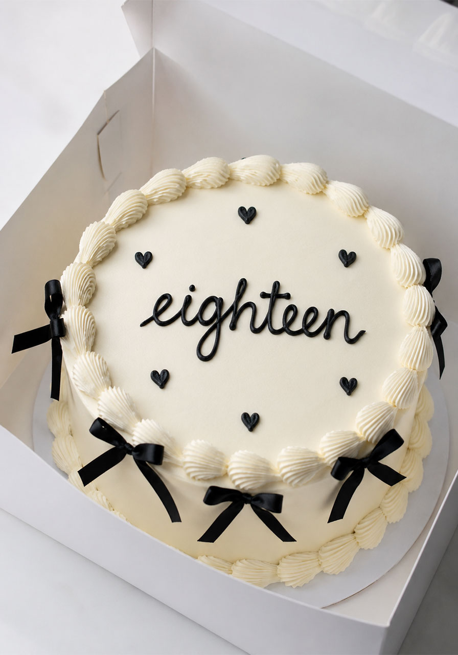Elegant white buttercream 18th birthday cake with black bows and "eighteen" script