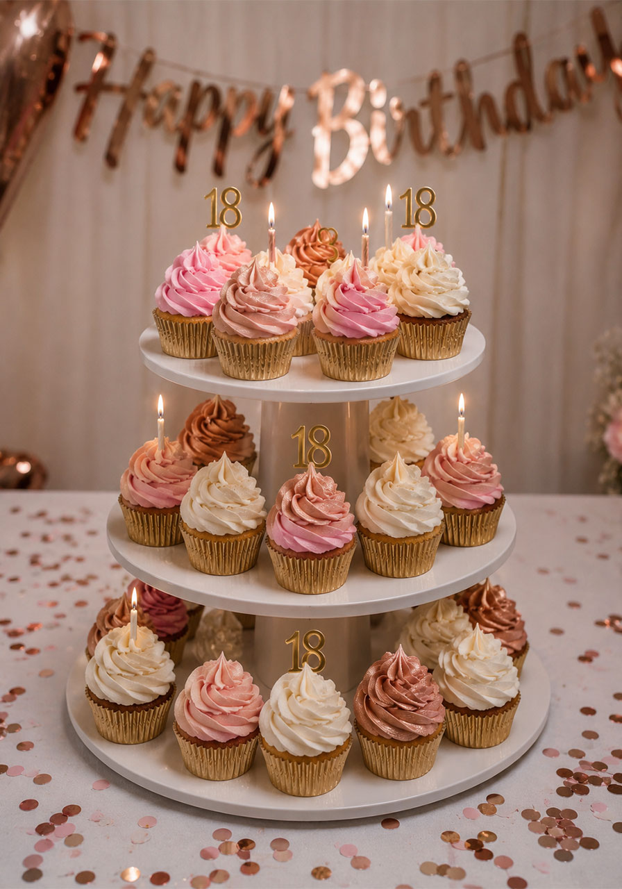 Pink and rose gold 18th birthday cupcake tower with "18" picks and birthday candles