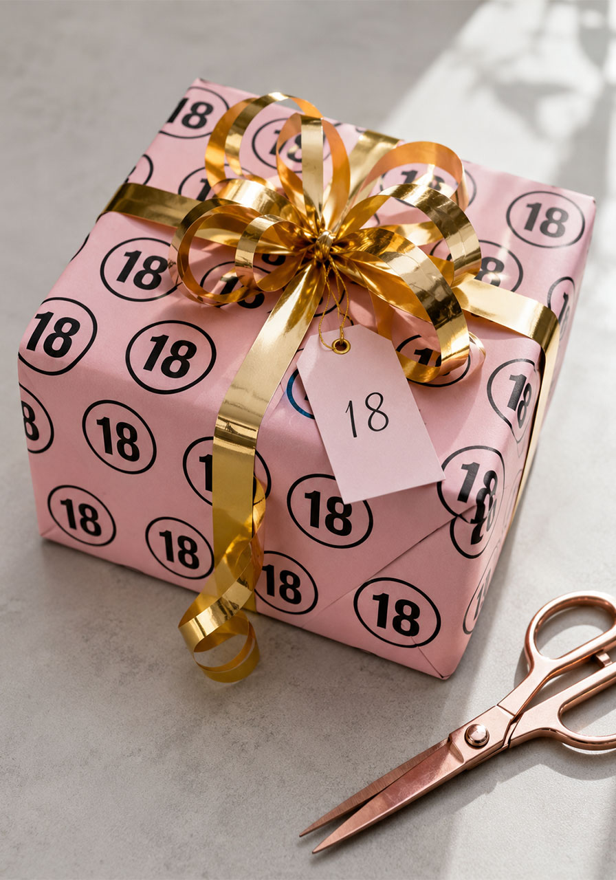 Gift wrapped in pink paper with "18" number pattern and gold ribbon for 18th birthday