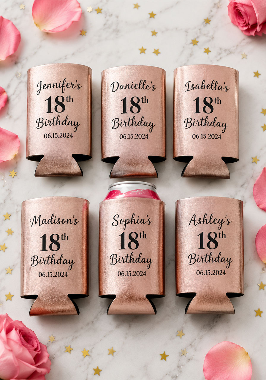 Custom rose gold "18th Birthday" can koozies as personalized party favor gifts