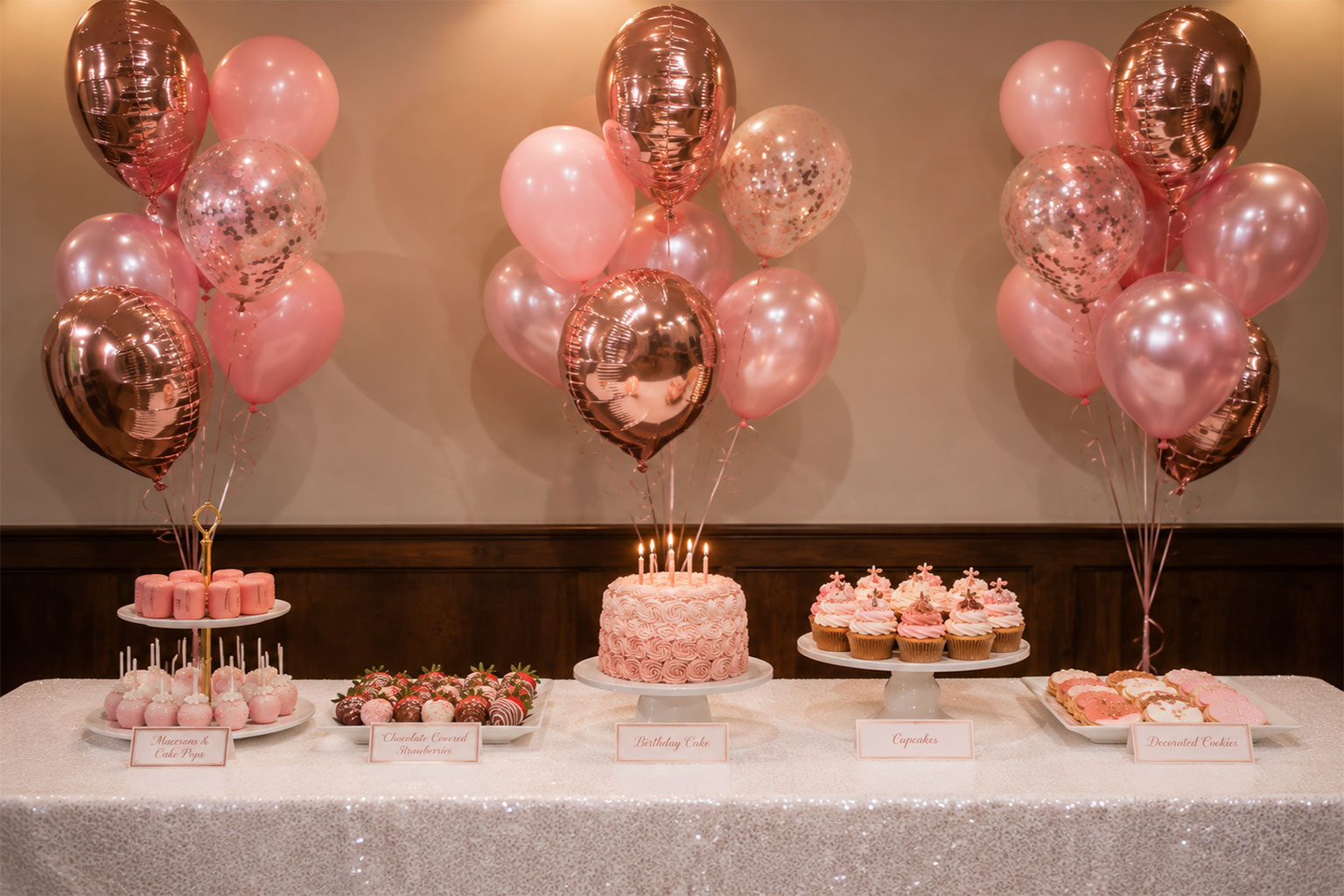 18th birthday dessert bar with cupcakes, cake pops, and balloon backdrop