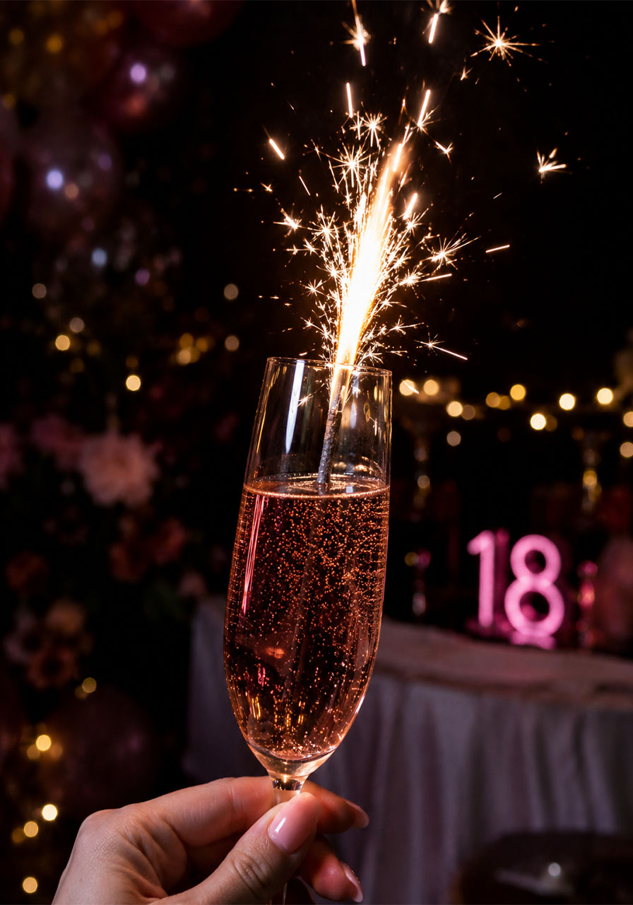 Champagne flute with lit cocktail sparkler for 18th birthday celebration drink