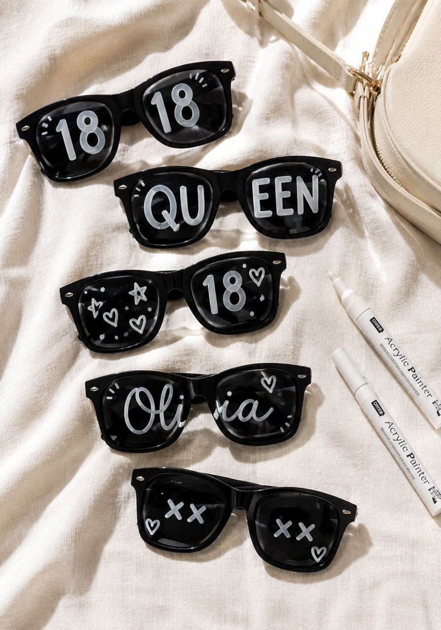 DIY painted sunglasses with "18" and birthday designs for 18th birthday party activity