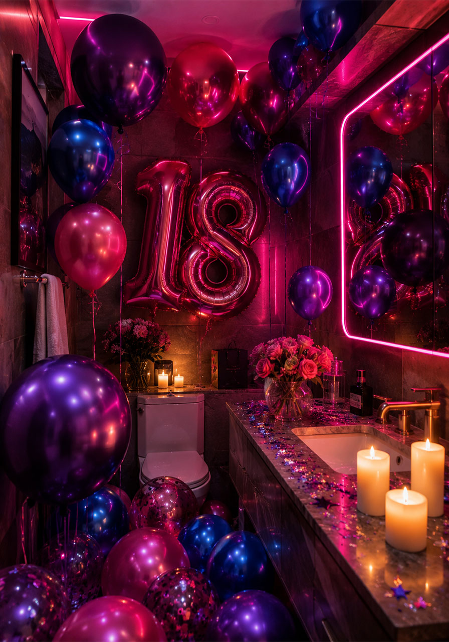 Euphoria-inspired 18th birthday bathroom with colorful balloons and neon pink lighting