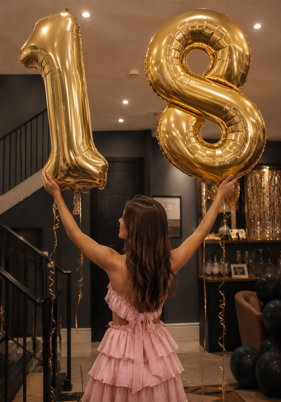 Girl holding giant gold "18" foil number balloons at 18th birthday party