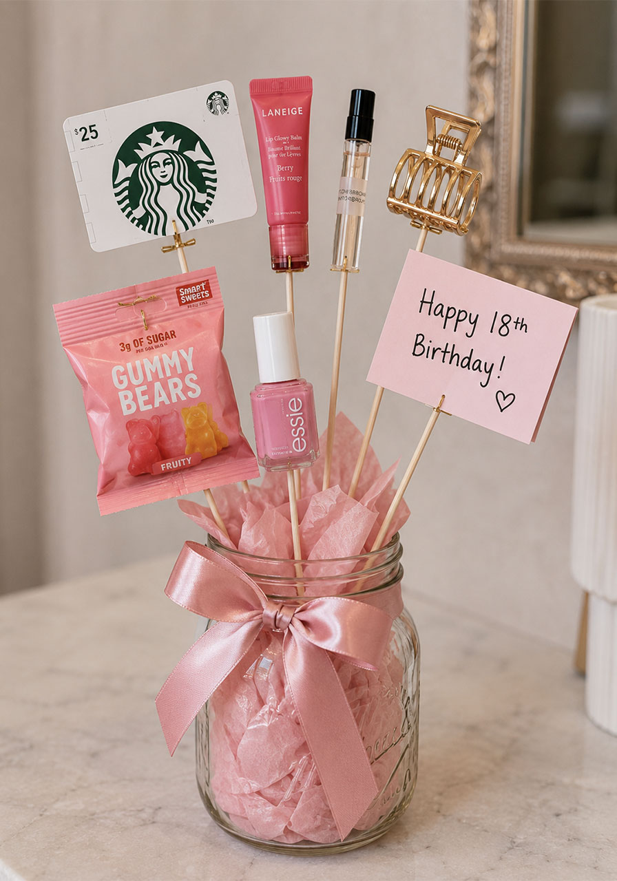 Creative 18th birthday gift bouquet in a mason jar with small gifts on skewers