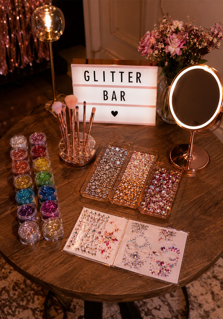 Glitter bar station setup with body glitter, gems, and brushes for 18th birthday party