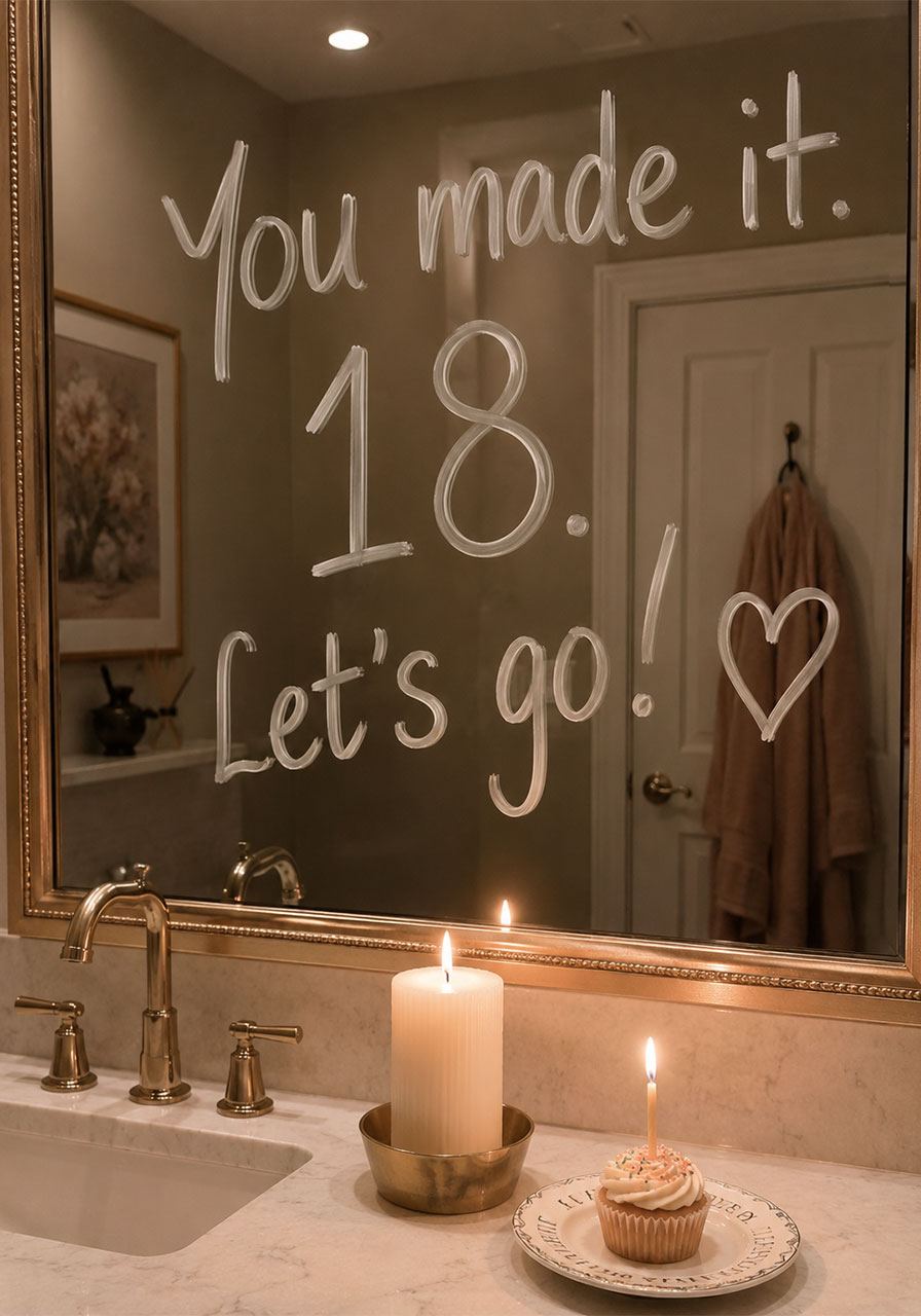 Birthday mirror message "You made it. 18. Let's go!" with candle and cupcake