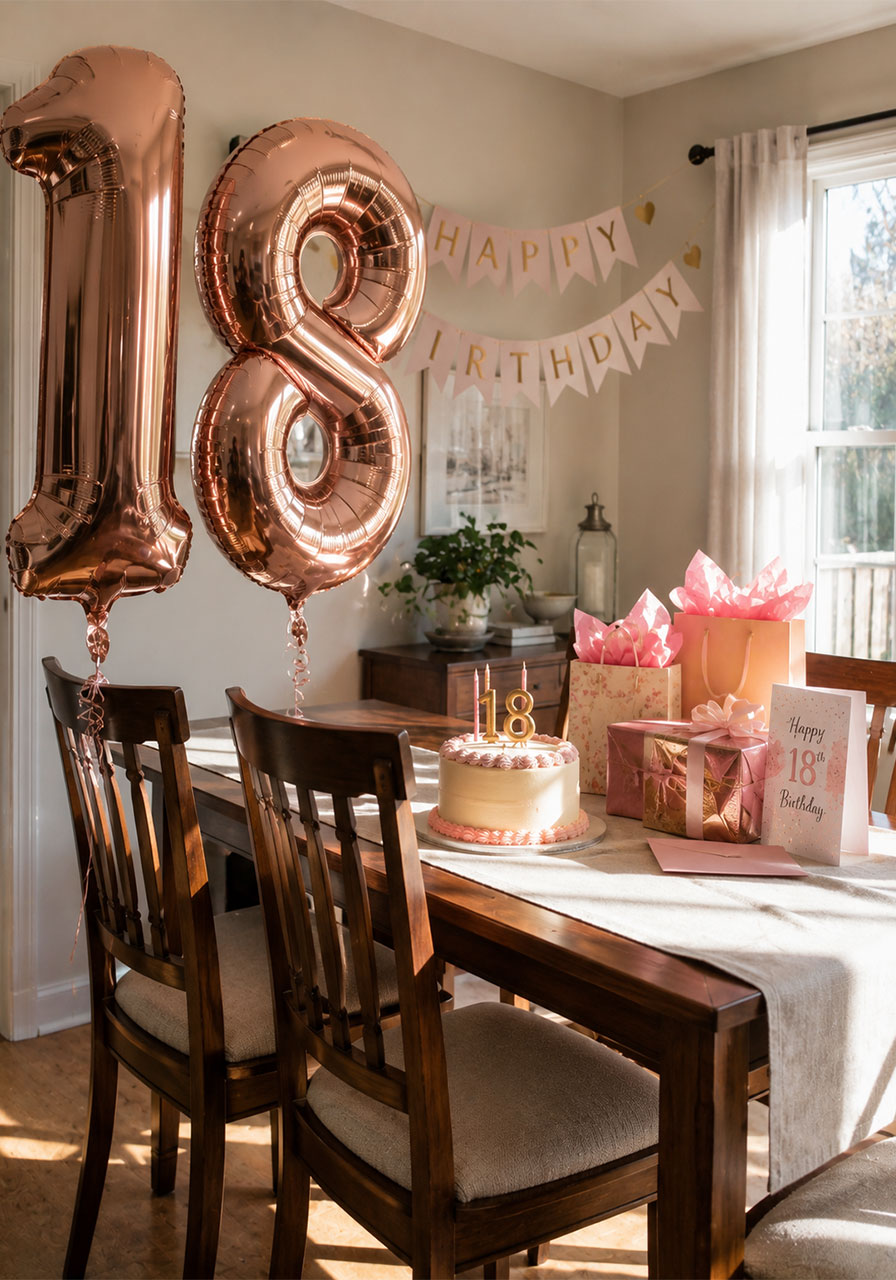 18th birthday morning surprise table setup with balloons, cake, and gifts at home