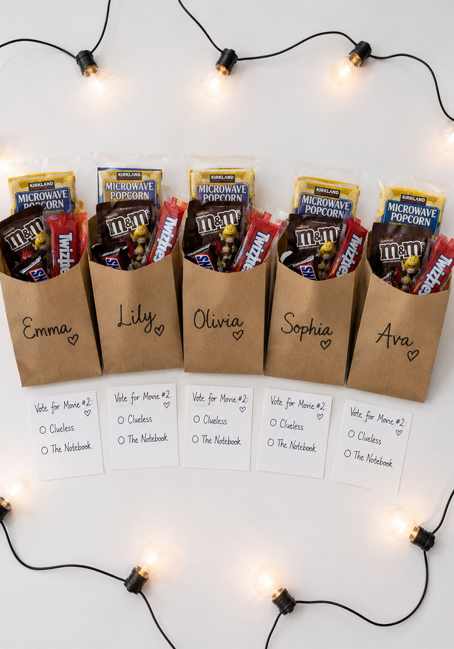 Movie night goody bags with popcorn and candy for 18th birthday movie marathon party