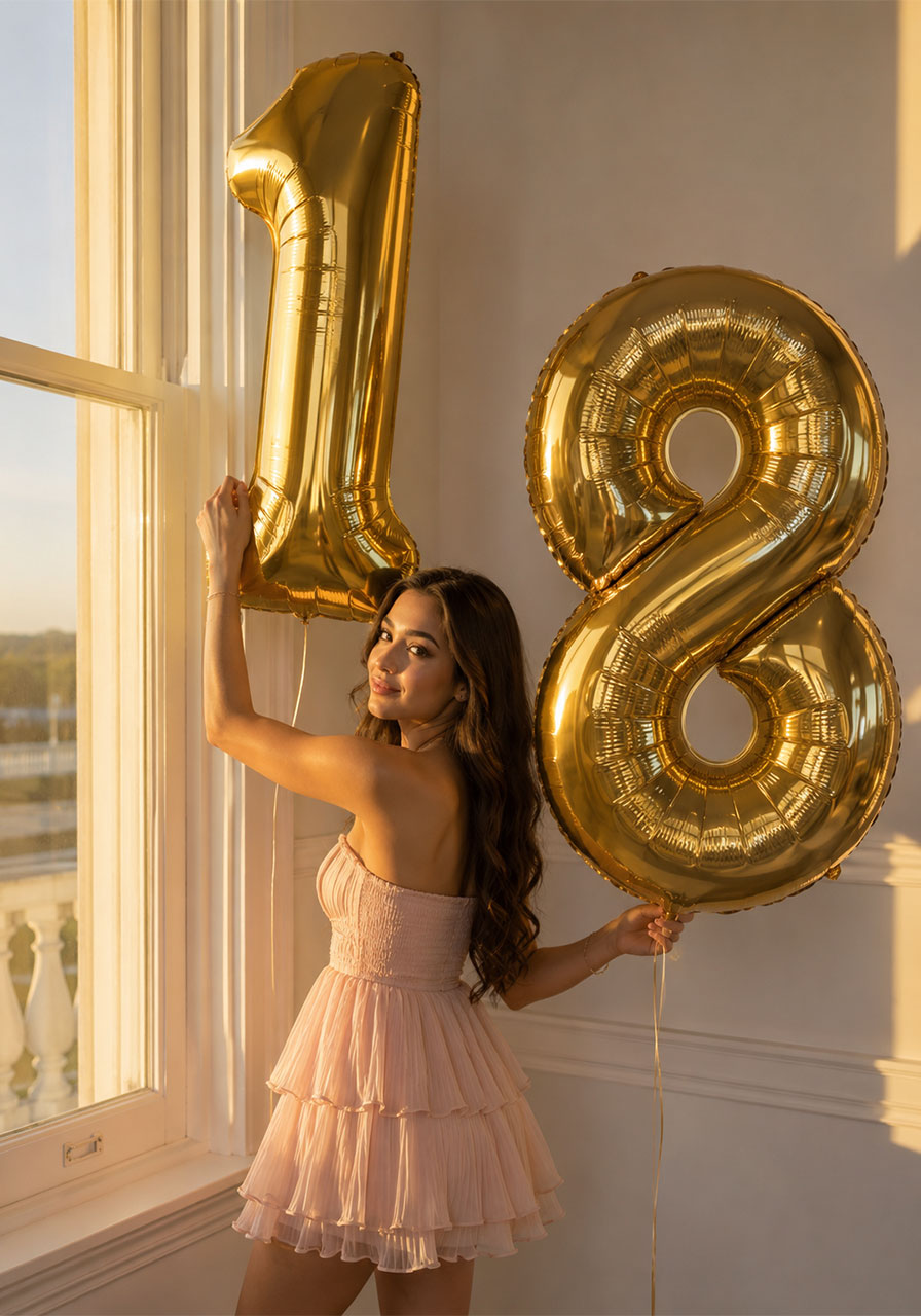 Young woman holding giant gold "18" foil number balloons for 18th birthday photoshoot