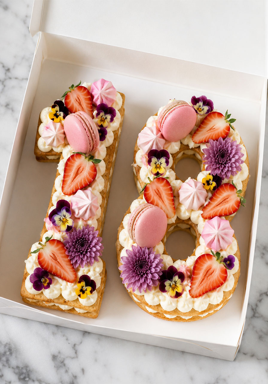 18th birthday number cake decorated with strawberries, macarons, and edible flowers