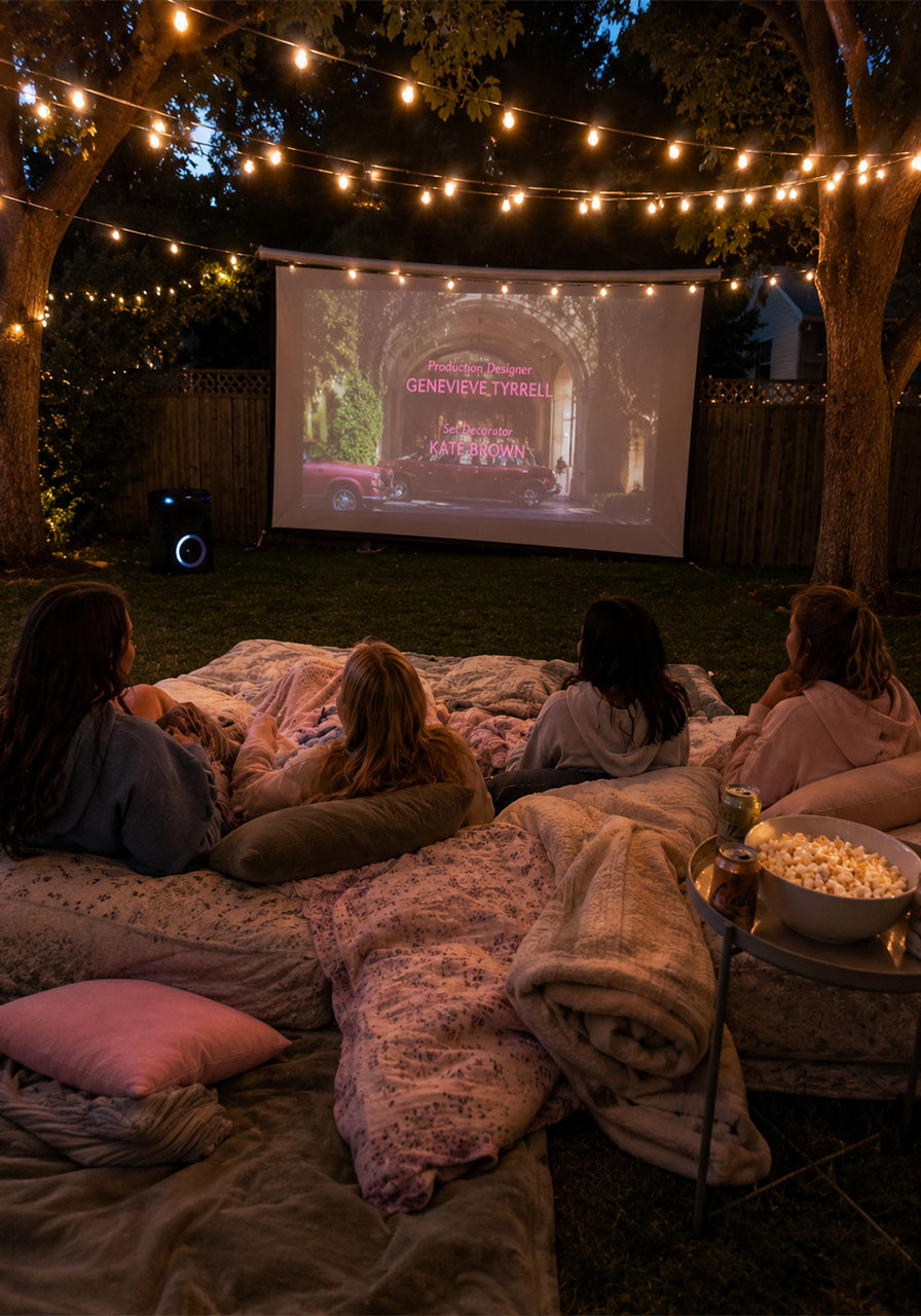 Outdoor movie night birthday setup with projector screen, blankets, and string lights for 18th birthday