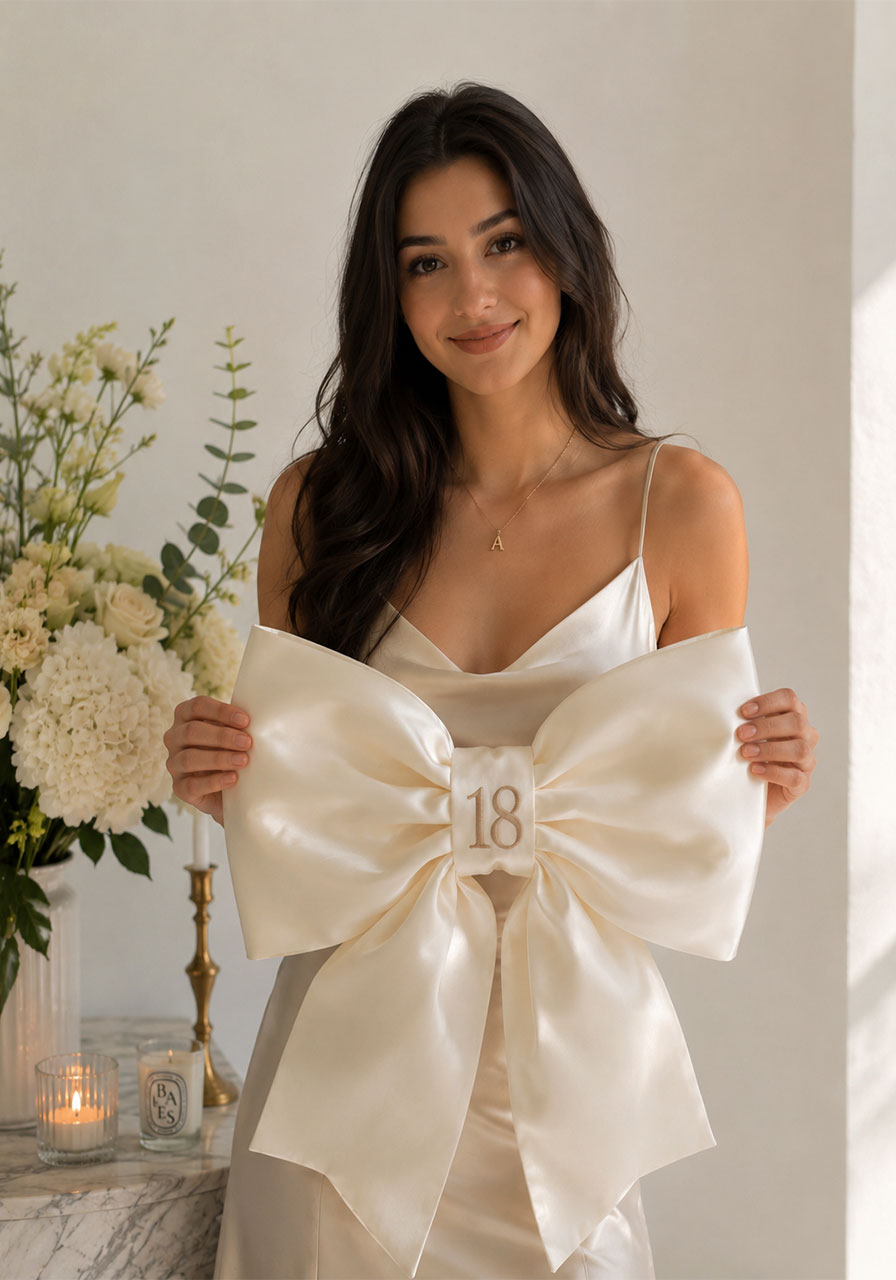 Young woman holding large satin bow prop for 18th birthday dinner photo