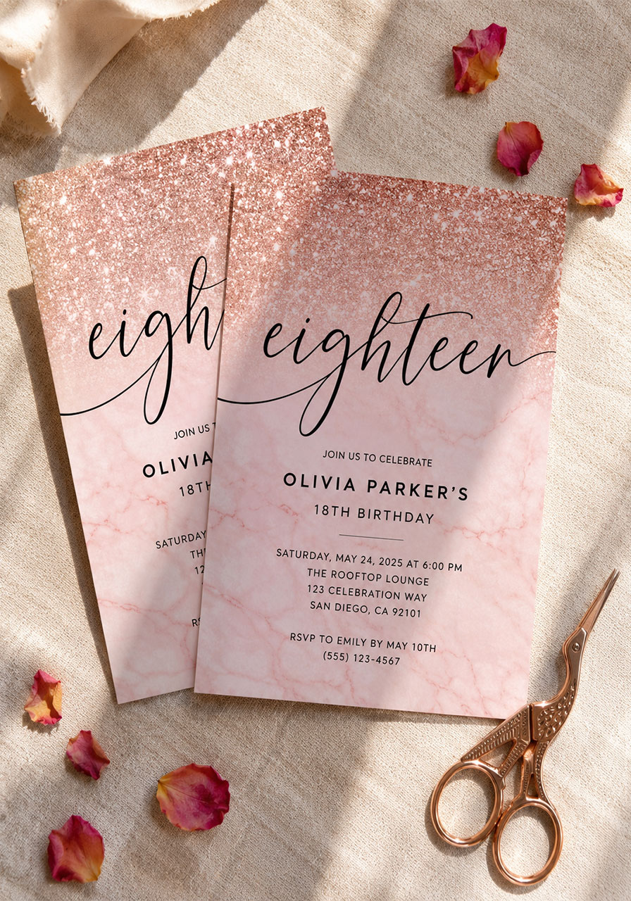 Rose gold glitter 18th birthday party invitations with "eighteen" script design