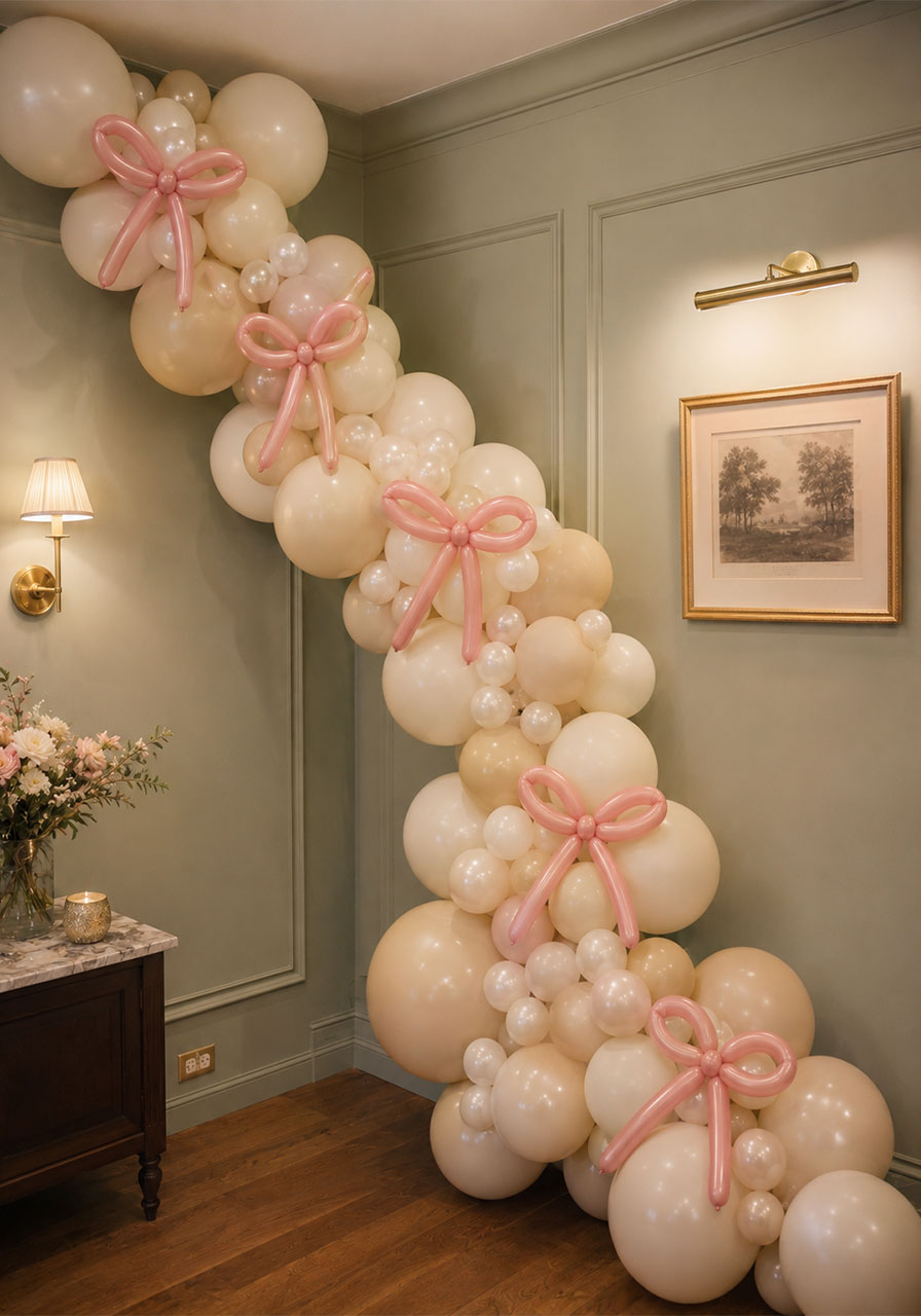 Elegant cream and ivory balloon garland with pearl balloons and pink bow details for 18th birthday