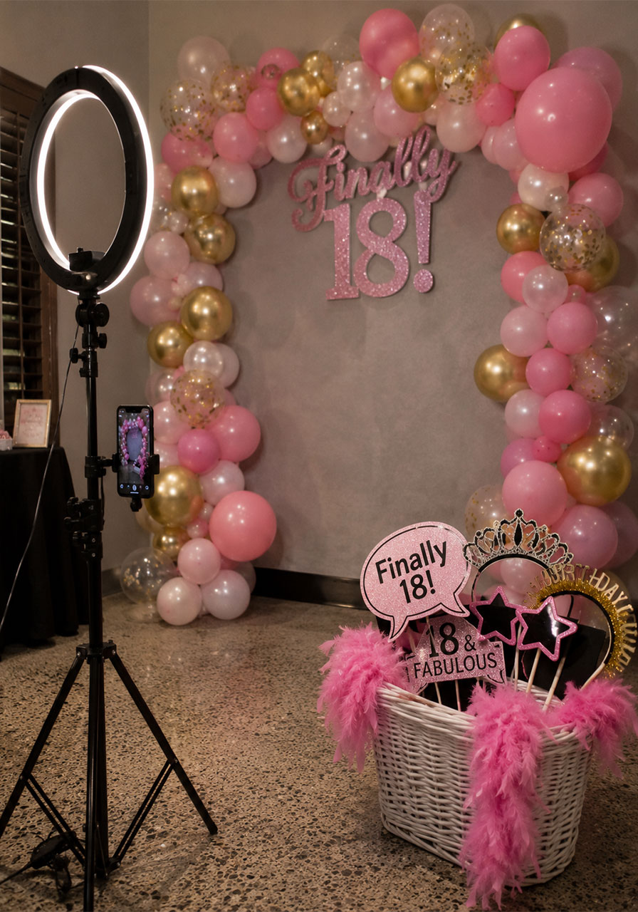DIY 18th birthday photo booth setup with ring light, balloon backdrop, and party props basket