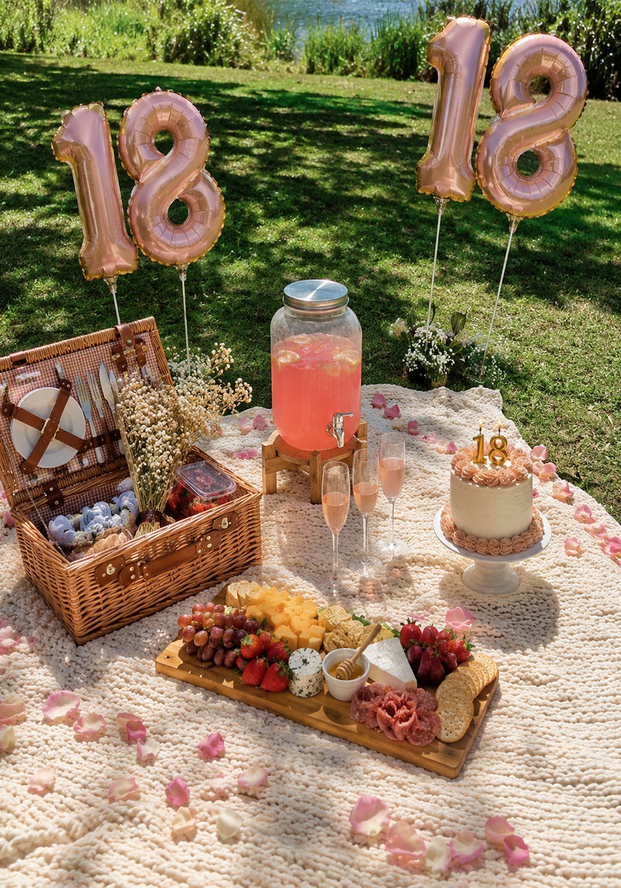 Aesthetic 18th birthday picnic setup with charcuterie board, cake, and balloons in park
