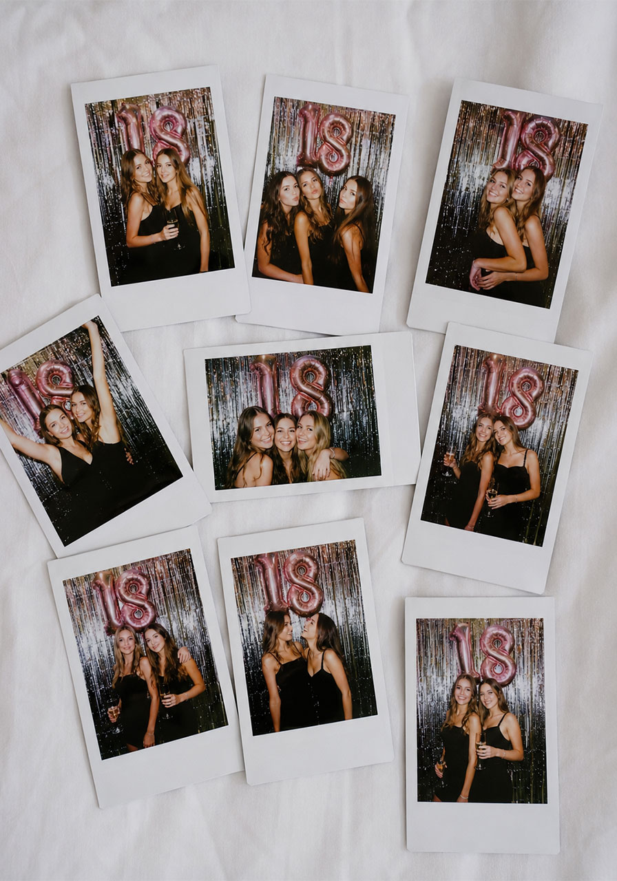 Scattered Polaroid photos from 18th birthday party photoshoot with friends
