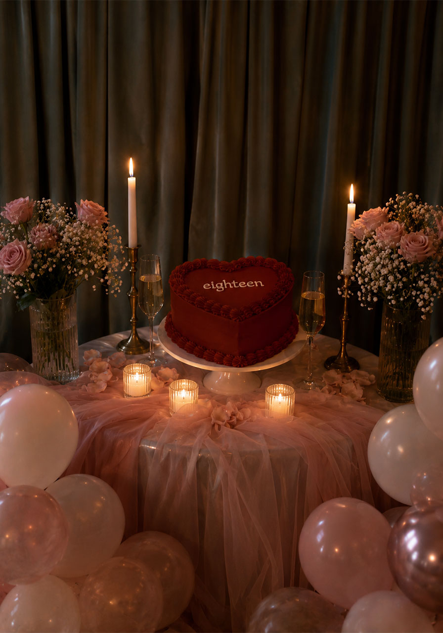 Romantic 18th birthday table display with heart cake, candles, roses, and balloons