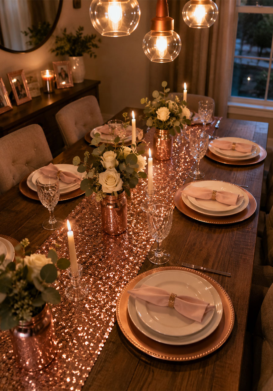 Elegant rose gold sequin table runner with mason jar flowers for 18th birthday dinner setting