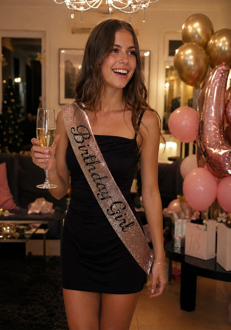 Young woman wearing glittery Birthday Girl sash at 18th birthday party