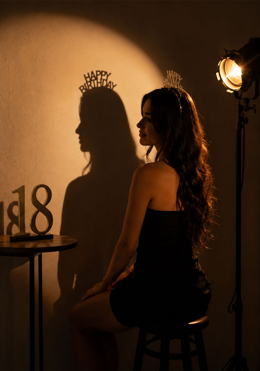 18th birthday girl shadow silhouette on wall with "18" candle spotlight effect