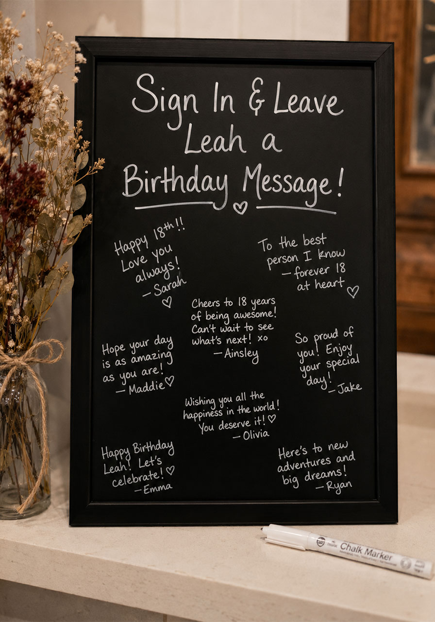 Chalkboard sign-in board with guest birthday messages for 18th birthday party