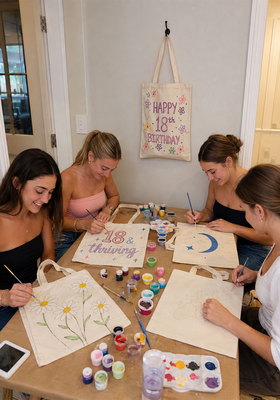 Girls painting canvas tote bags at 18th birthday party craft activity