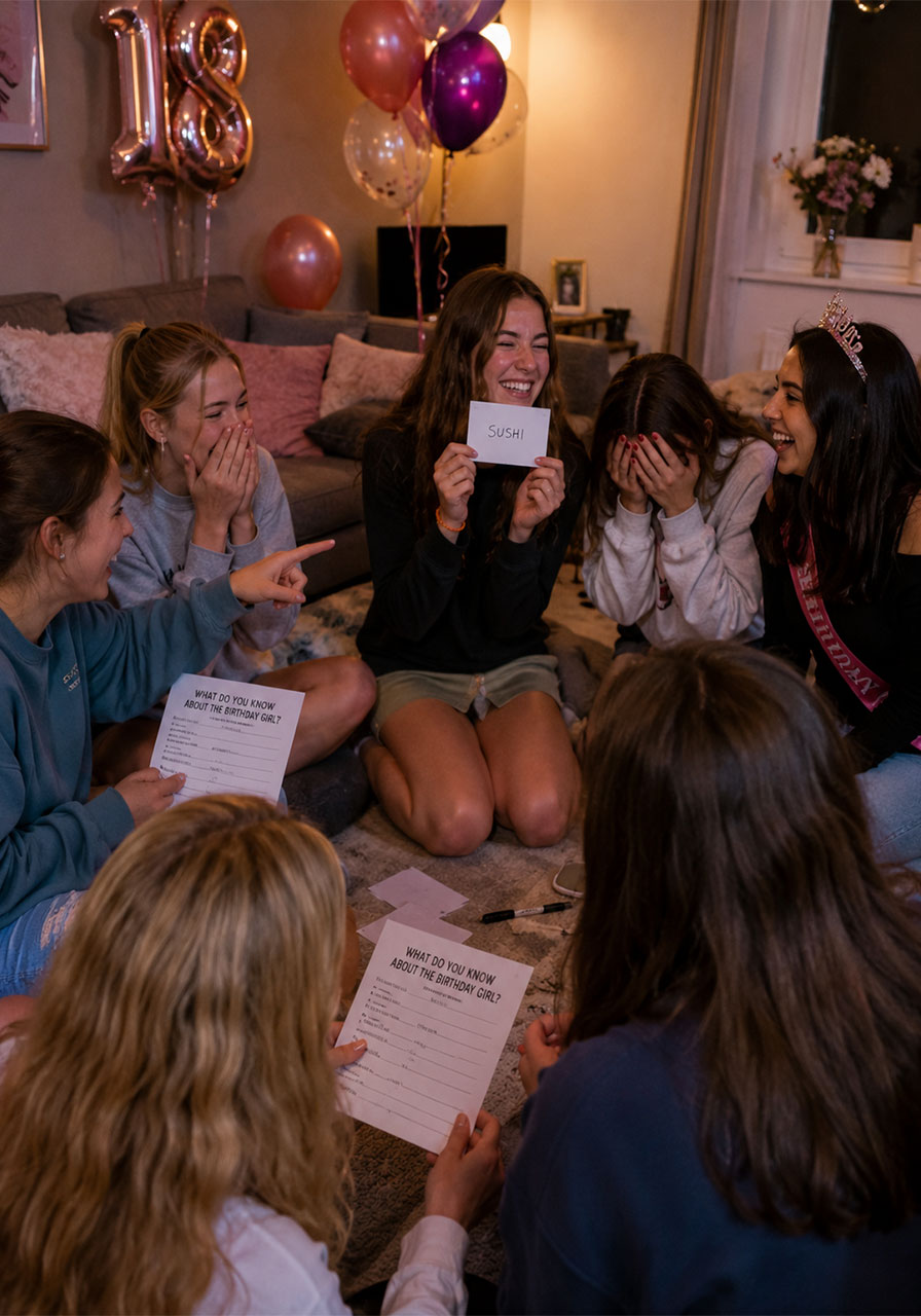 Friends playing "Who Knows the Birthday Girl" trivia game at 18th birthday party