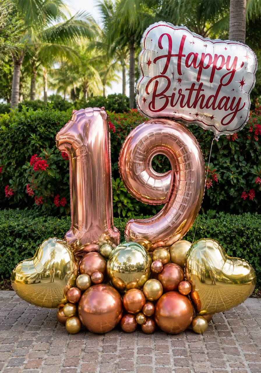 Rose gold foil number 19 balloon display with gold heart balloons and chrome round balloons for a 19th birthday party decoration