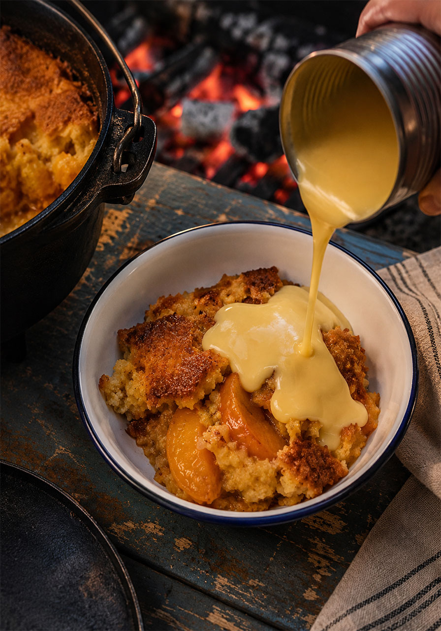 2-ingredient peach dump cake served in a camp bowl with warm custard beside a campfire camp oven