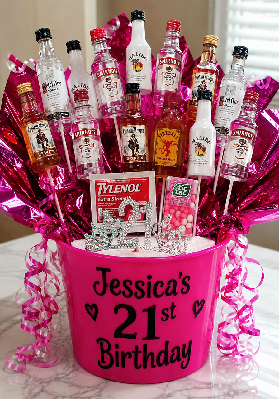 DIY 21st birthday alcohol bouquet gift in hot pink bucket with mini liquor bottles on craft sticks