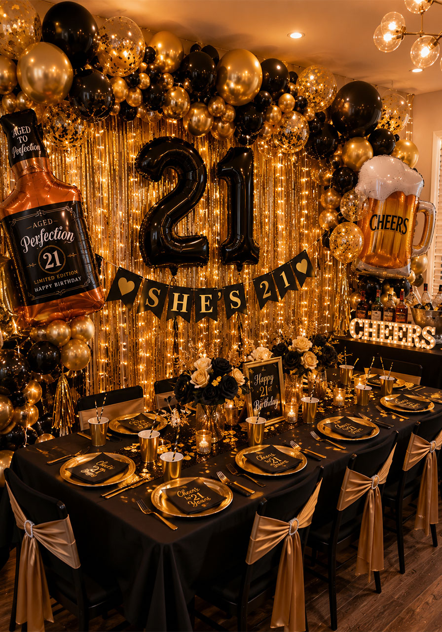 Complete black and gold 21st birthday party decoration setup with fringe curtain, banner, and balloon arch