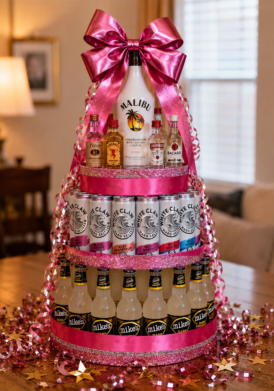 DIY three-tiered booze cake gift with White Claw, Malibu, and mini liquor bottles for 21st birthday